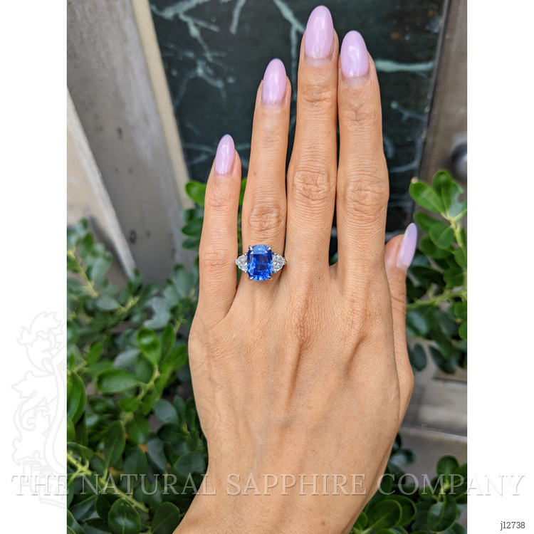6.36 Ct. Blue Sapphire and Natural Diamond Three Stone Ring, Platinum 950