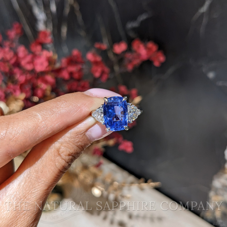6.36 Ct. Blue Sapphire and Natural Diamond Three Stone Ring, Platinum 950