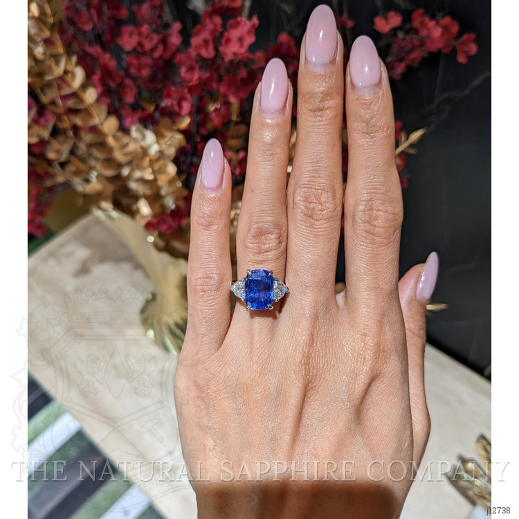 6.36 Ct. Blue Sapphire and Natural Diamond Three Stone Ring, Platinum 950