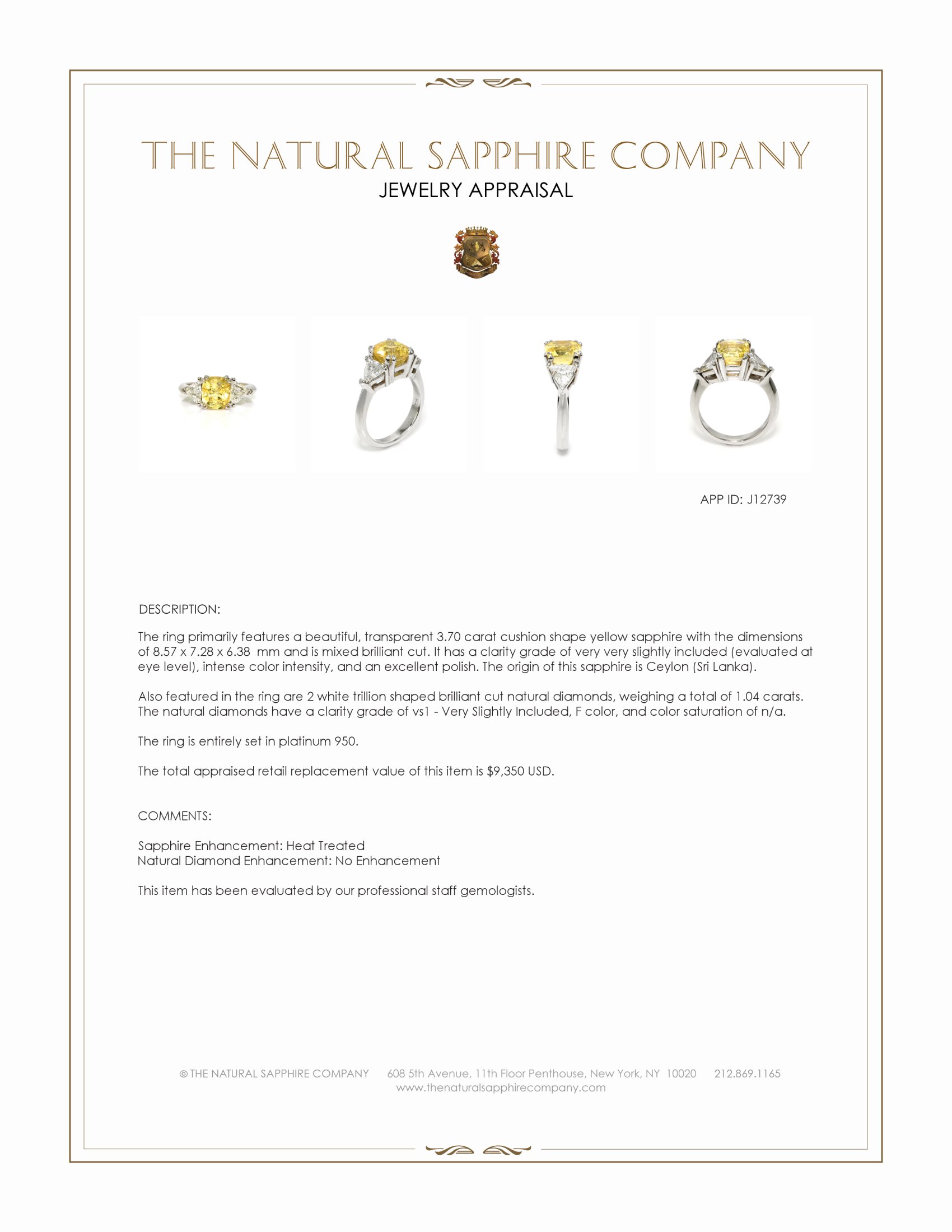 3.70 Ct. Yellow Sapphire and Natural Diamond Three Stone Ring, Platinum 950