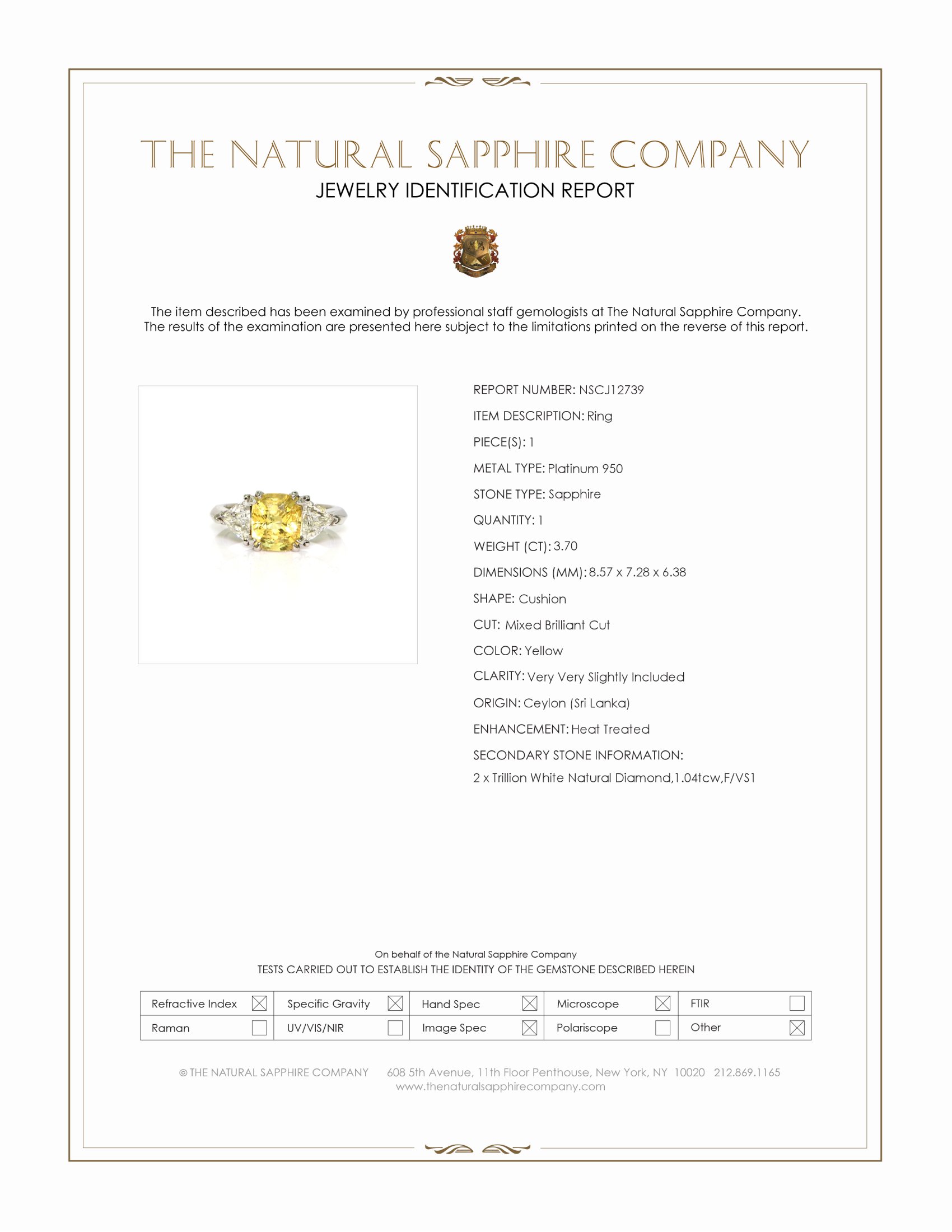3.70 Ct. Yellow Sapphire and Natural Diamond Three Stone Ring, Platinum 950