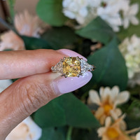 3.70 Ct. Yellow Sapphire and Natural Diamond Three Stone Ring, Platinum 950 Life Style