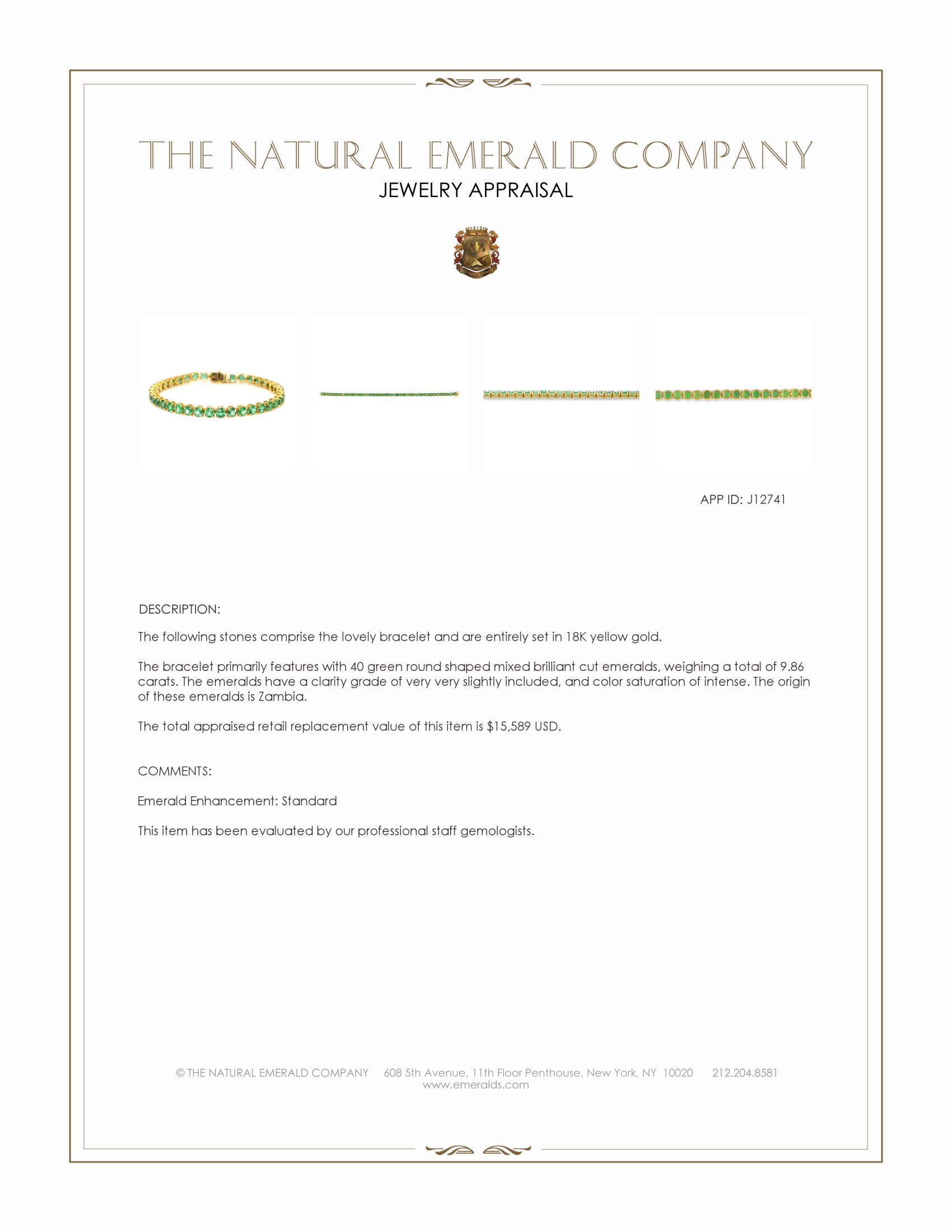 9.86 Ct.Tw. Emerald Tennis/Line Bracelet, 18K Yellow Gold