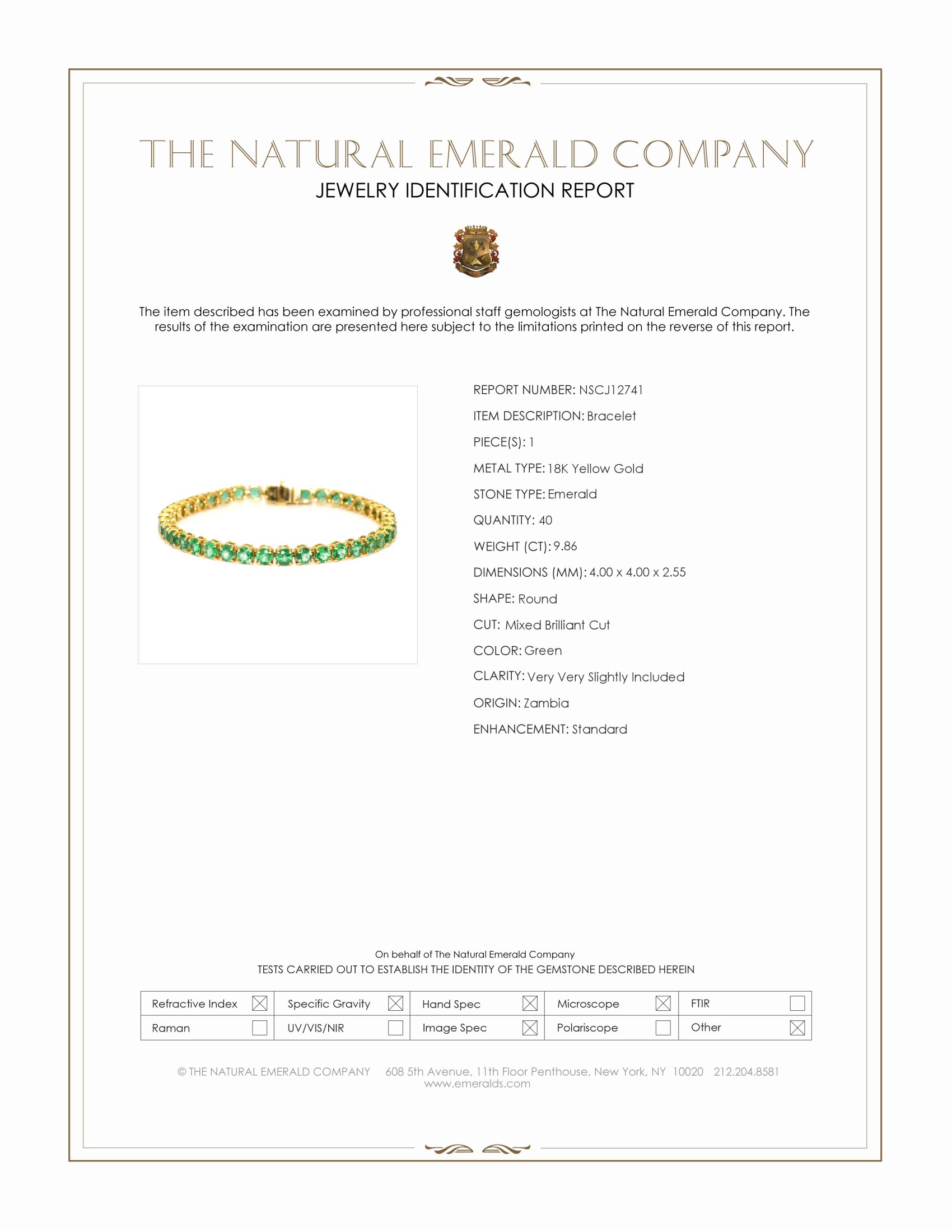 9.86 Ct.Tw. Emerald Tennis/Line Bracelet, 18K Yellow Gold