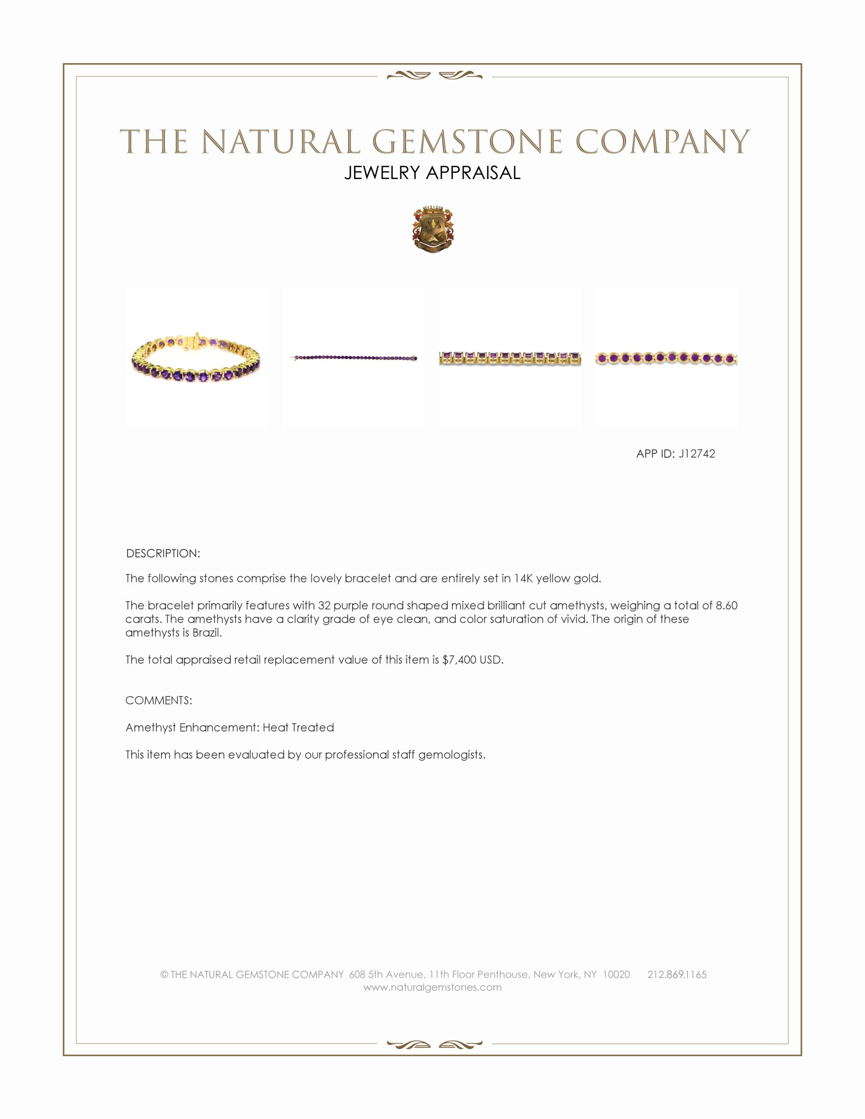 8.60 Ct.Tw. Purple Amethyst Tennis/Line Bracelet, 14K Yellow Gold
