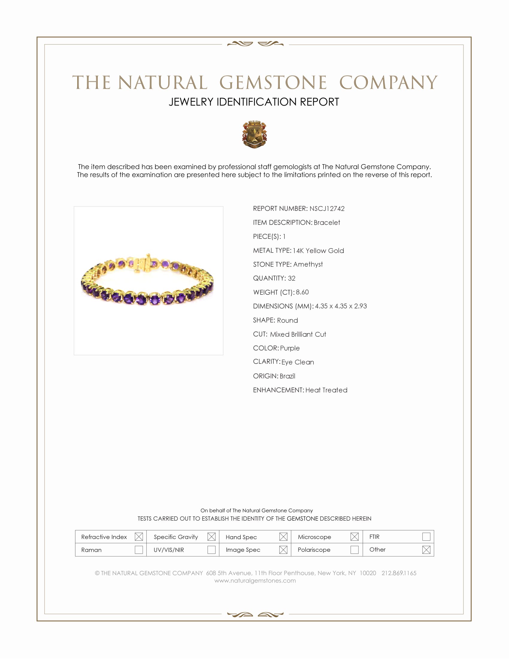 8.60 Ct.Tw. Purple Amethyst Tennis/Line Bracelet, 14K Yellow Gold