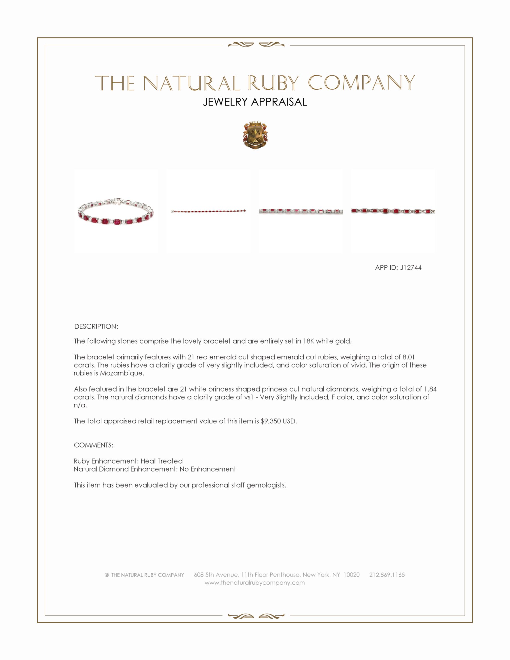 8.01 Ct.Tw. Ruby and Natural Diamond Tennis/Line Bracelet, 18K White Gold