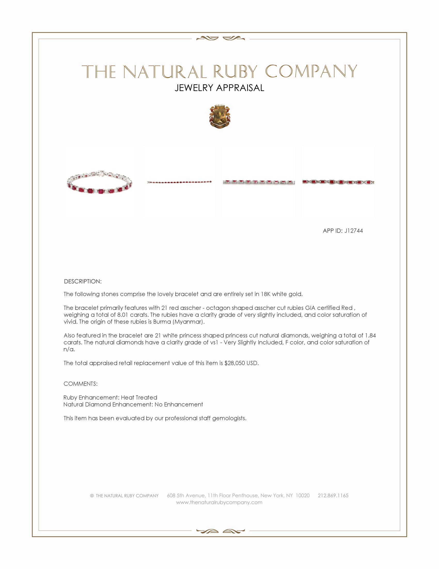 8.01 Ct.Tw. Ruby and Natural Diamond Tennis/Line Bracelet, 18K White Gold