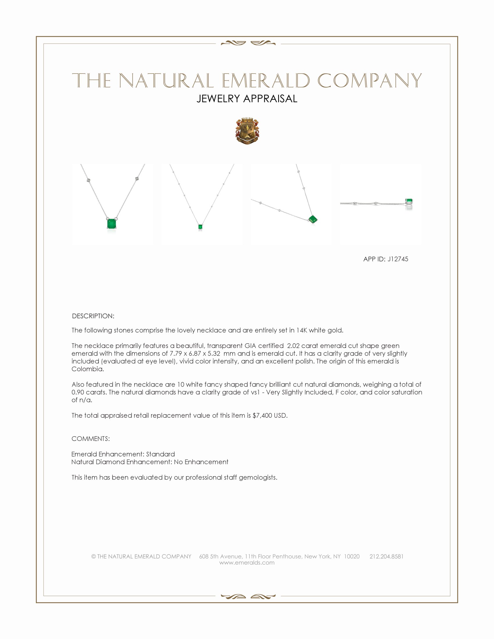 2.02 Ct. Emerald and Natural Diamond Solitaire Necklace, 14K White Gold
