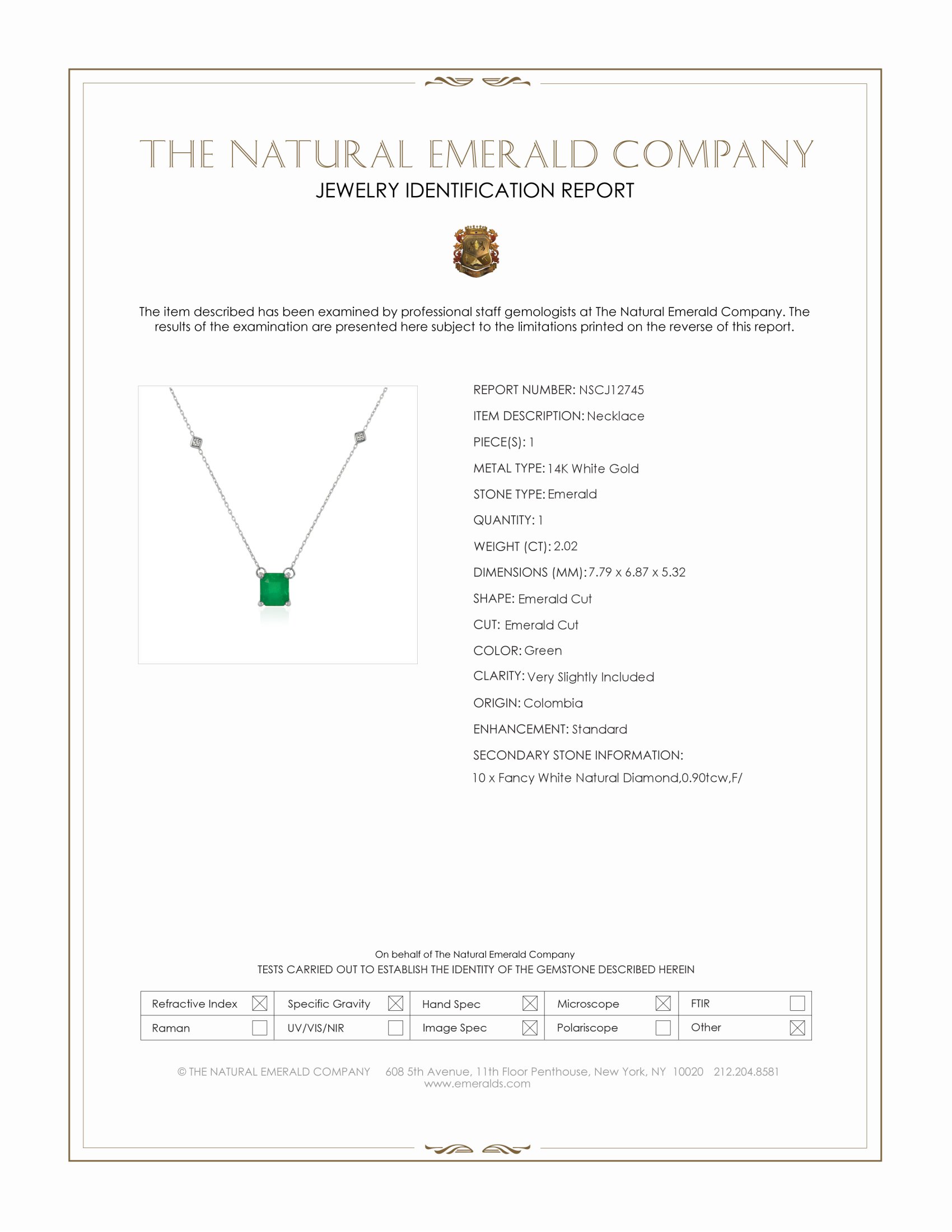 2.02 Ct. Emerald and Natural Diamond Solitaire Necklace, 14K White Gold