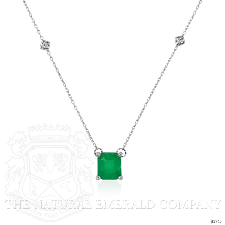 2.02 Ct. Emerald and Natural Diamond Solitaire Necklace, 14K White Gold