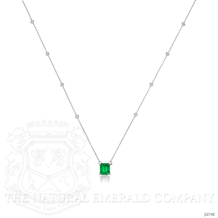 2.02 Ct. Emerald and Natural Diamond Solitaire Necklace, 14K White Gold