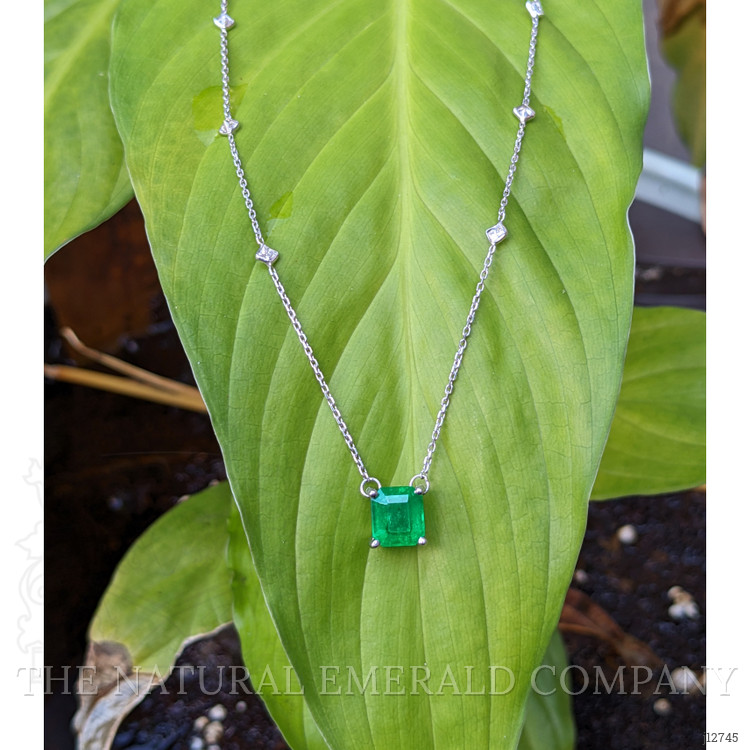 2.02 Ct. Emerald and Natural Diamond Solitaire Necklace, 14K White Gold