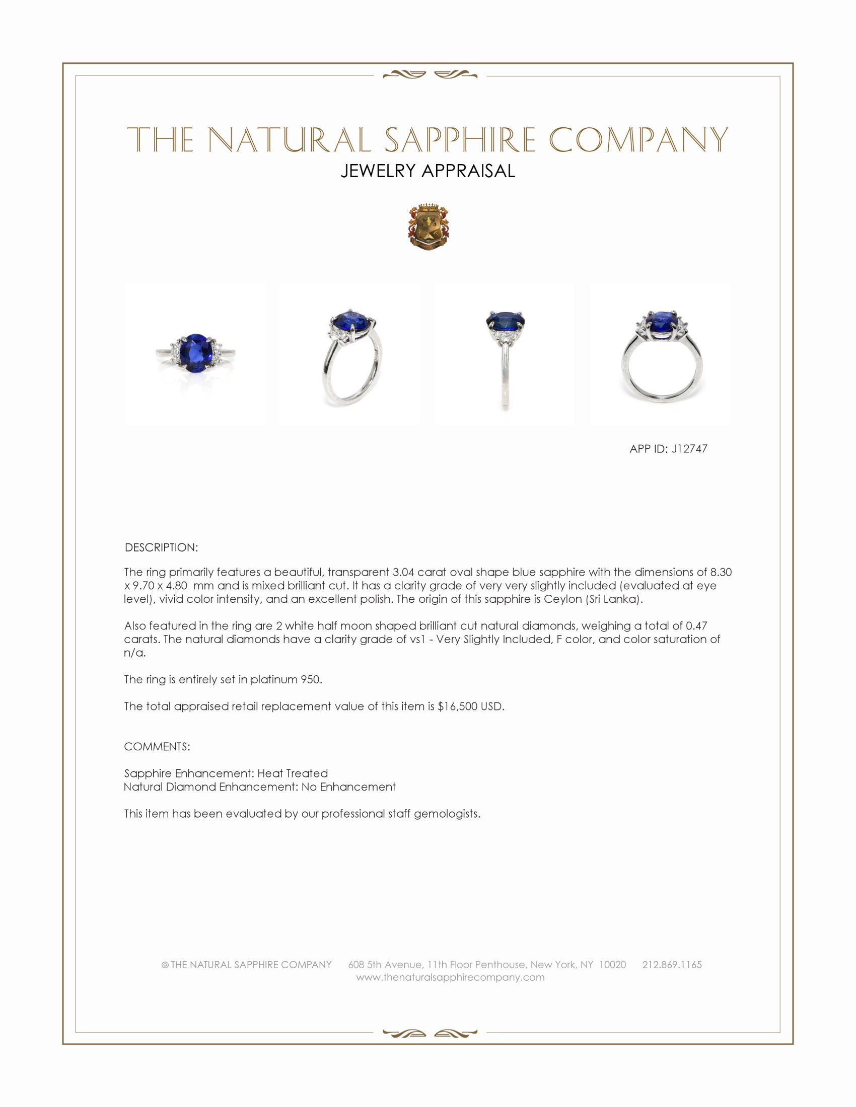 3.04 Ct. Blue Sapphire and Natural Diamond Three Stone Ring, Platinum 950
