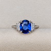 3.04 Ct. Blue Sapphire and Natural Diamond Three Stone Ring, Platinum 950 Life Style