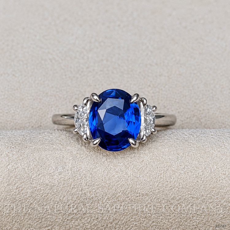 3.04 Ct. Blue Sapphire and Natural Diamond Three Stone Ring, Platinum 950