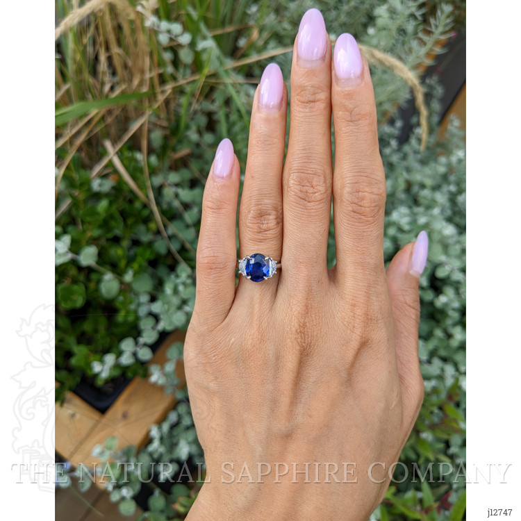 3.04 Ct. Blue Sapphire and Natural Diamond Three Stone Ring, Platinum 950