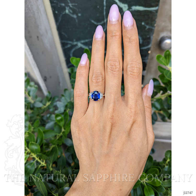 3.04 Ct. Blue Sapphire and Natural Diamond Three Stone Ring, Platinum 950