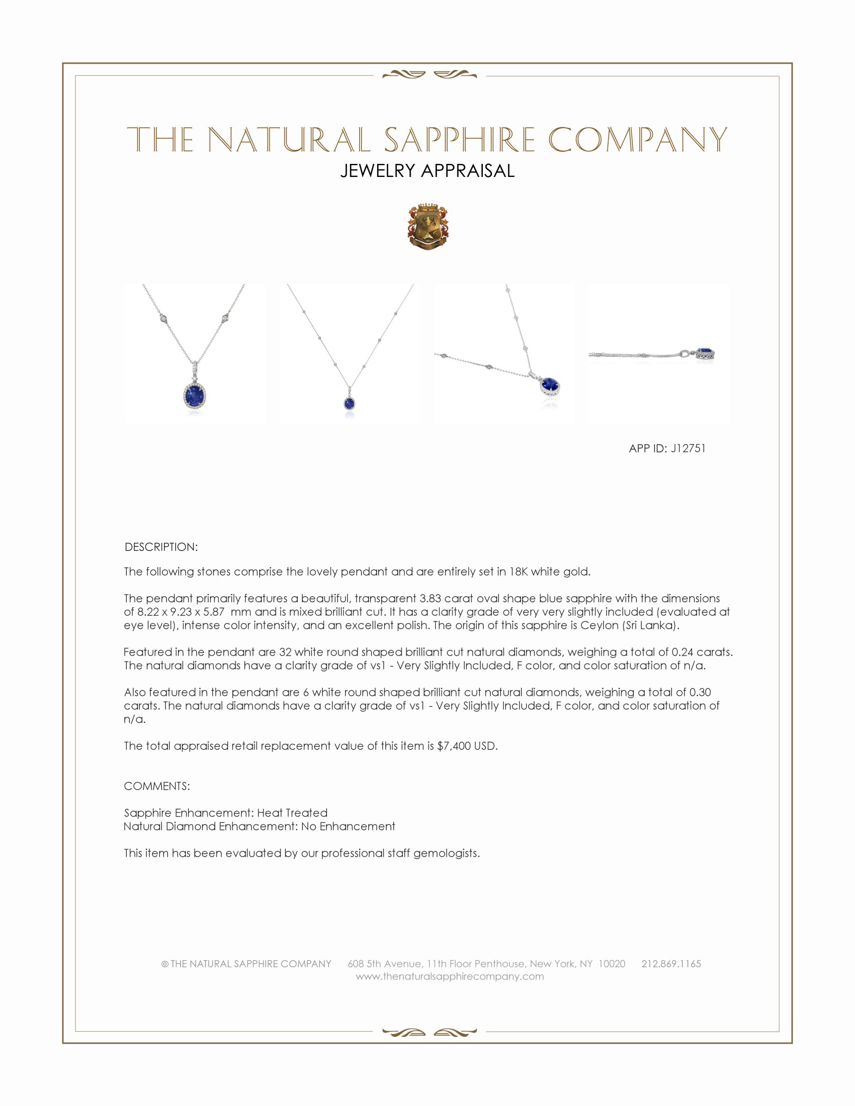 3.83 Ct. Blue Sapphire and Natural Diamond Pave Pendant, 18K White Gold