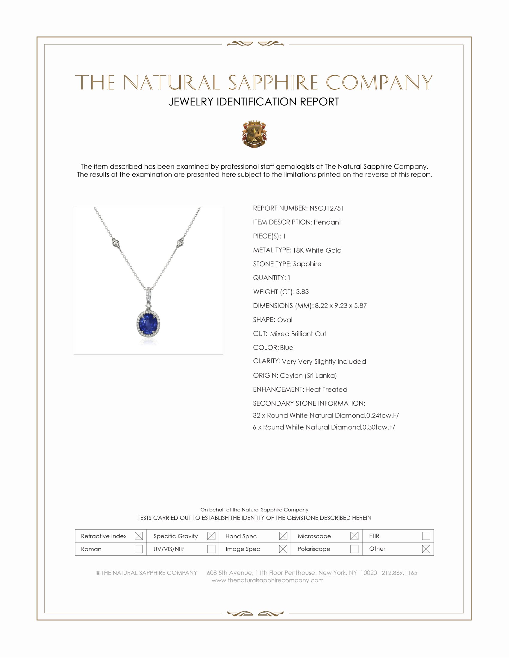 3.83 Ct. Blue Sapphire and Natural Diamond Pave Pendant, 18K White Gold