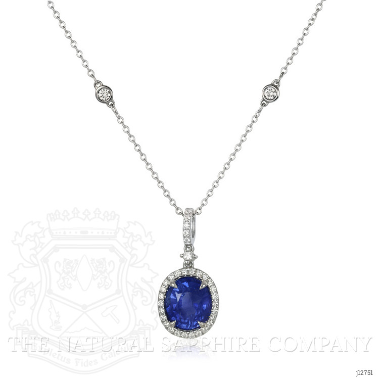 3.83 Ct. Blue Sapphire and Natural Diamond Pave Pendant, 18K White Gold