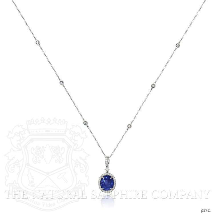3.83 Ct. Blue Sapphire and Natural Diamond Pave Pendant, 18K White Gold