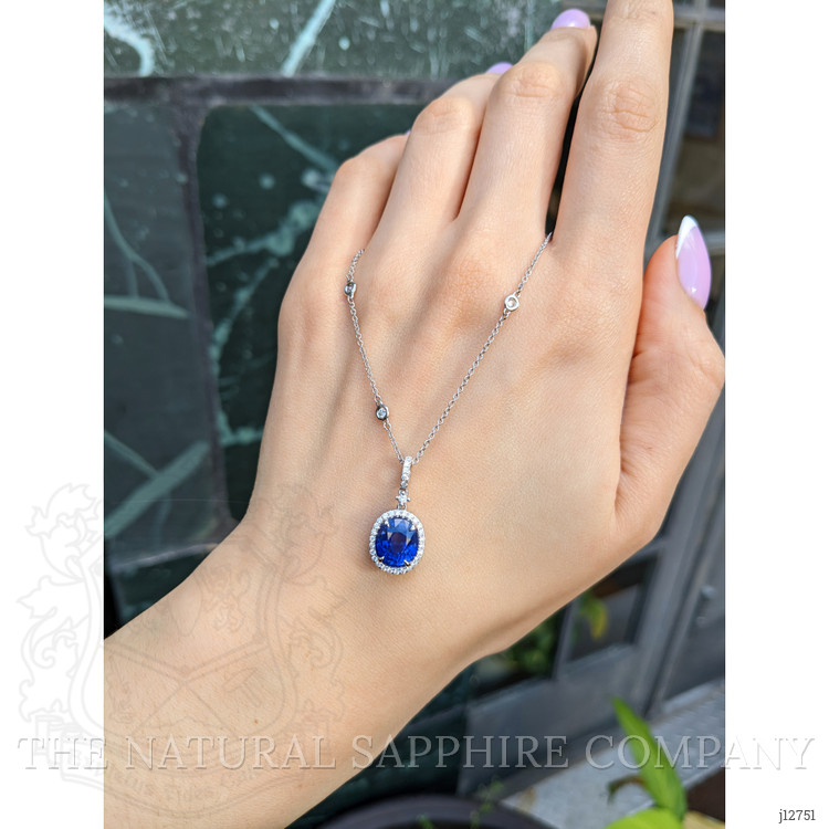 3.83 Ct. Blue Sapphire and Natural Diamond Pave Pendant, 18K White Gold