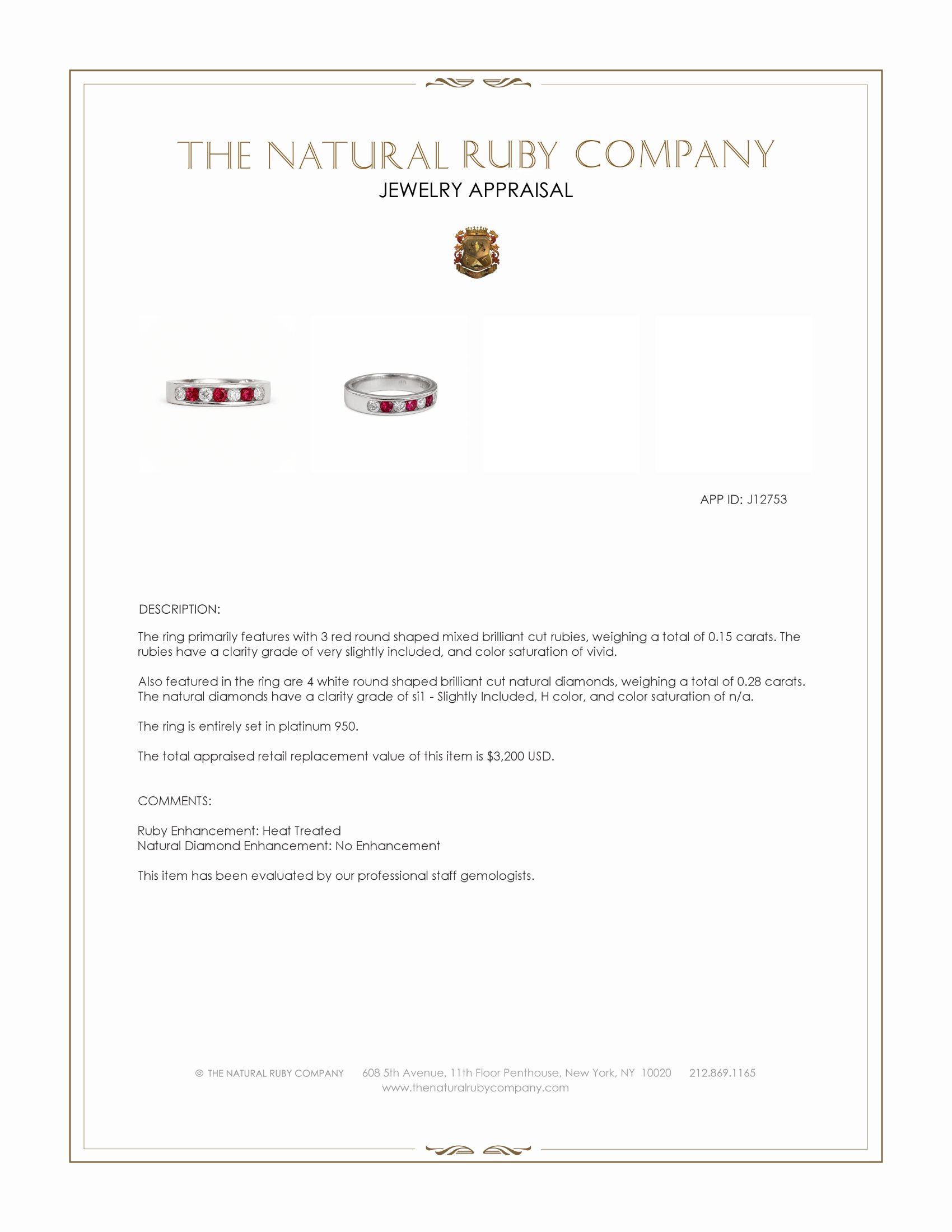 0.15 Ct. Ruby and Natural Diamond Multi Stone Ring, Platinum 950