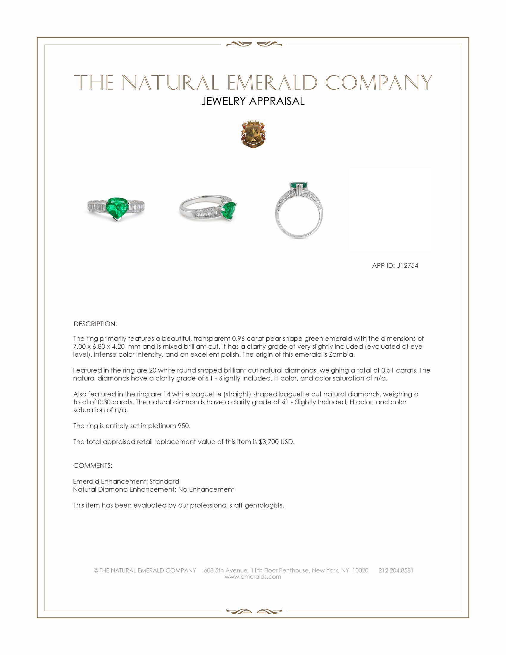 0.96 Ct. Emerald and Natural Diamond Pave Ring, Platinum 950