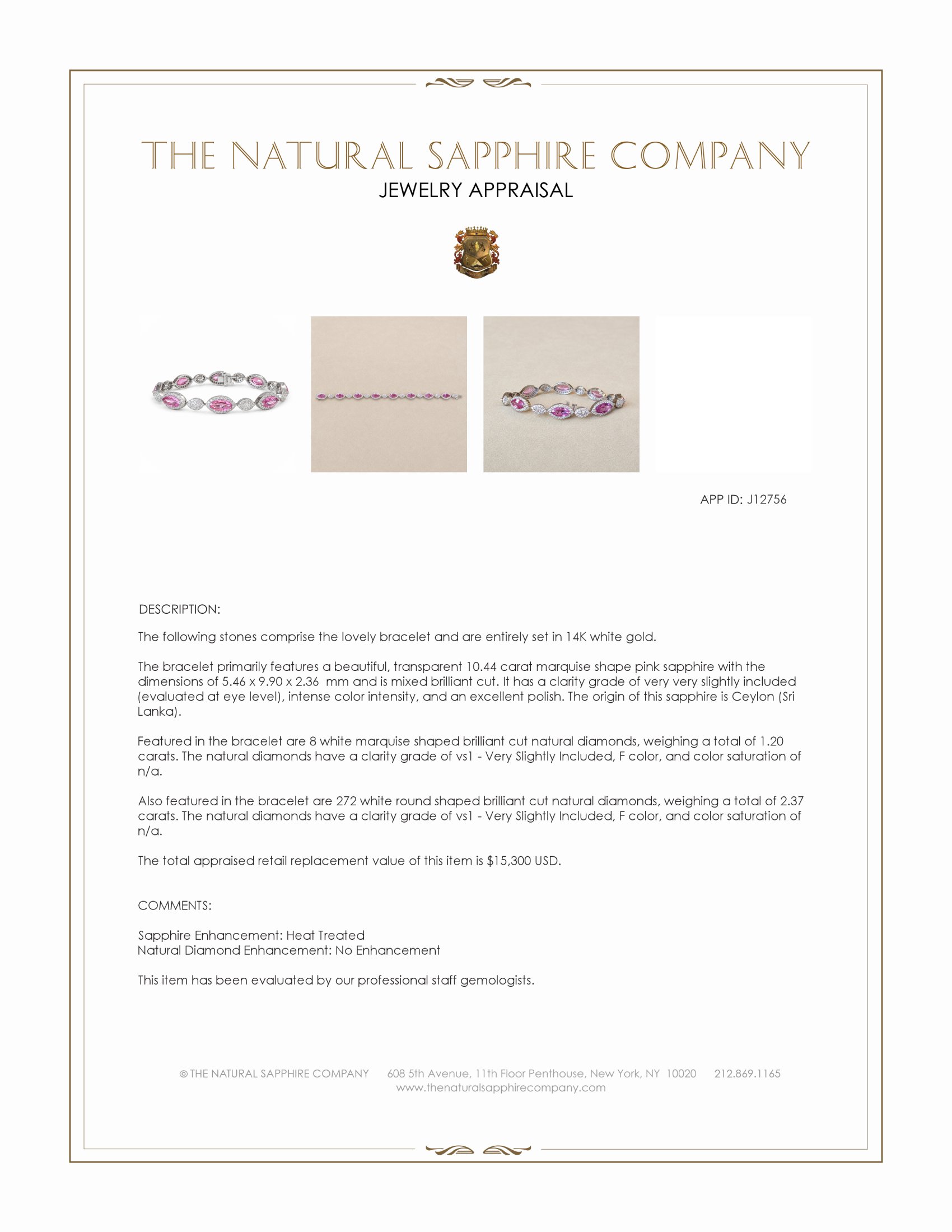 10.44 Ct.Tw. Pink Sapphire and Natural Diamond Tennis/Line Bracelet, 14K White Gold