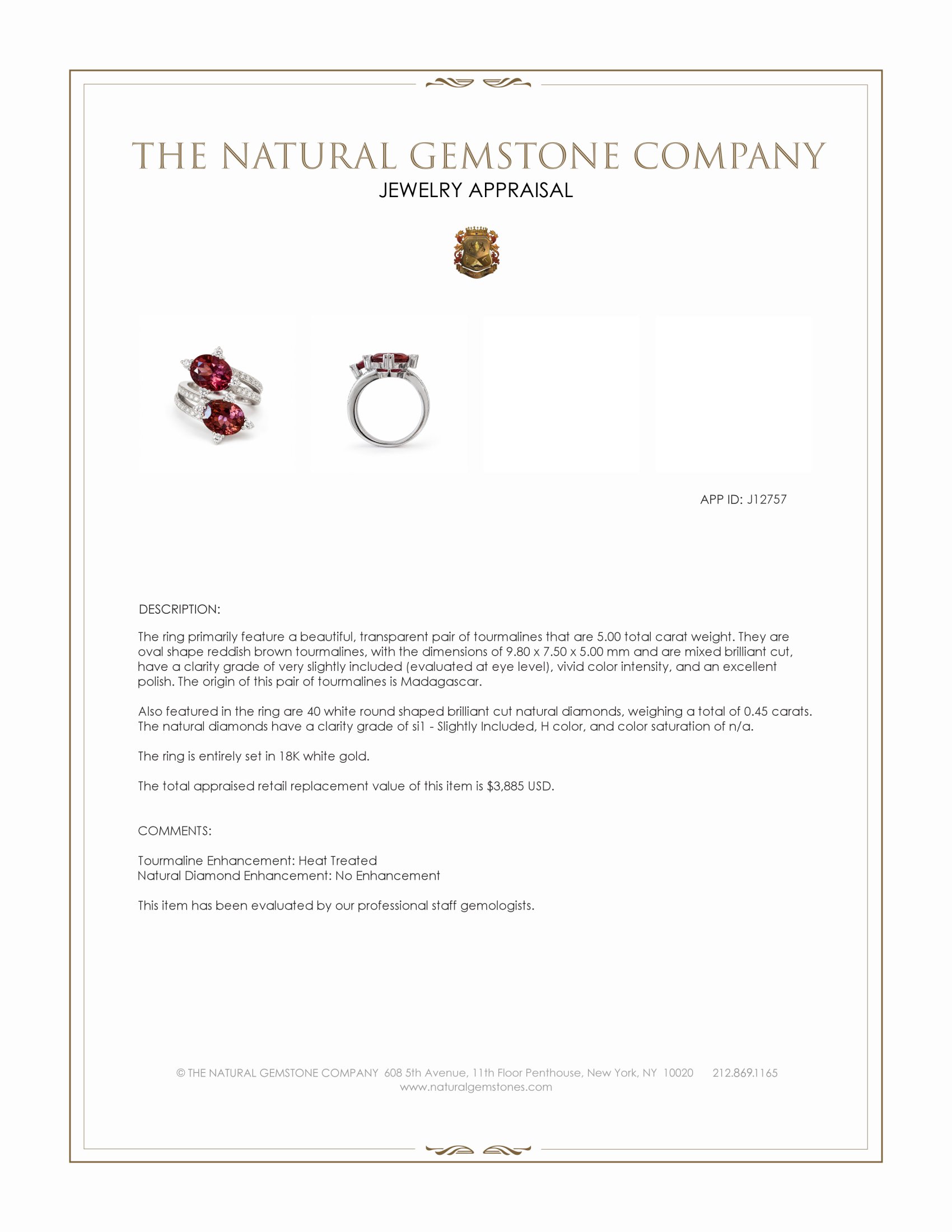 5.00 Ct. Reddish Brown Tourmaline and Natural Diamond Two Stone (toi et moi) Ring, 18K White Gold