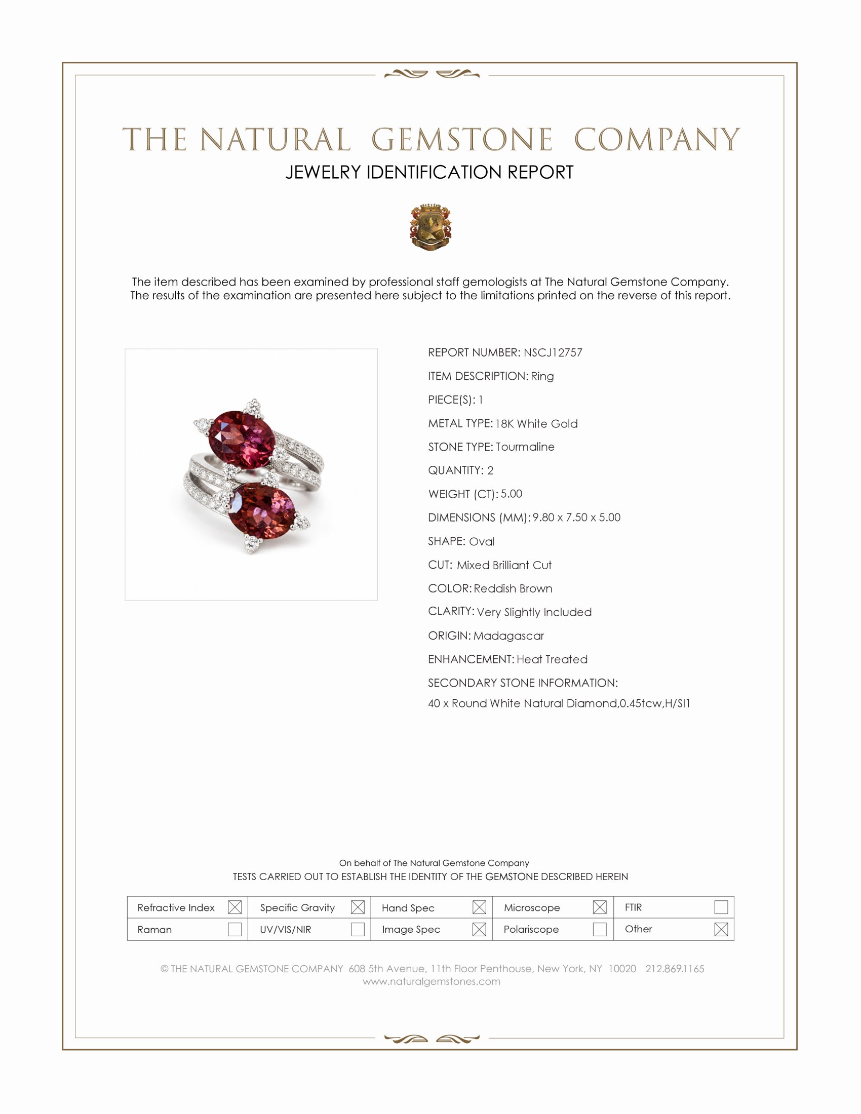 5.00 Ct. Reddish Brown Tourmaline and Natural Diamond Two Stone (toi et moi) Ring, 18K White Gold