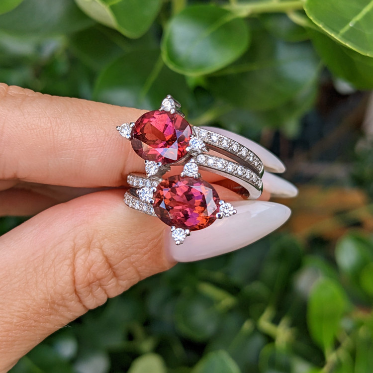 5.00 Ct. Reddish Brown Tourmaline and Natural Diamond Two Stone (toi et moi) Ring, 18K White Gold