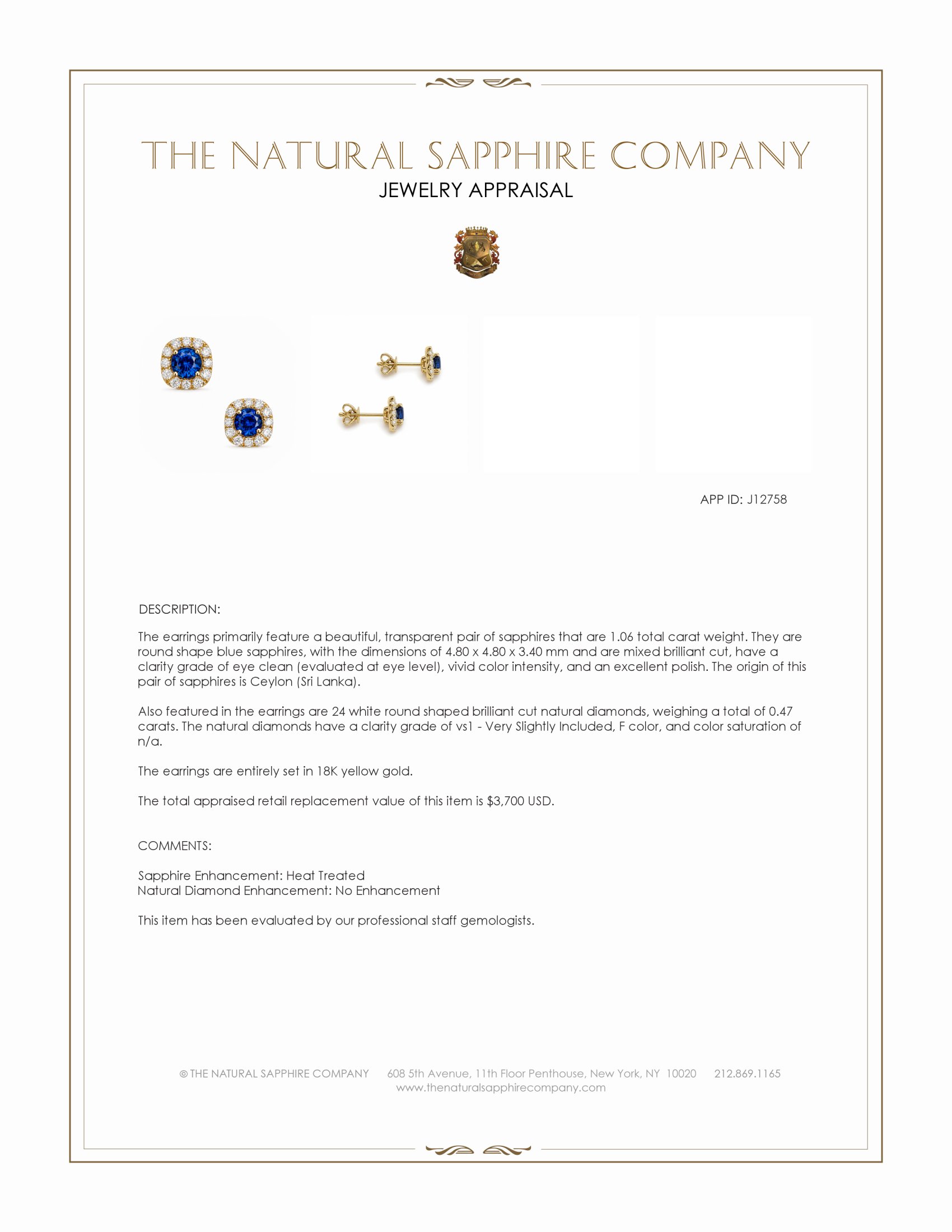 1.06 Ct.Tw. Blue Sapphire and Natural Diamond Studs Earrings, 18K Yellow Gold
