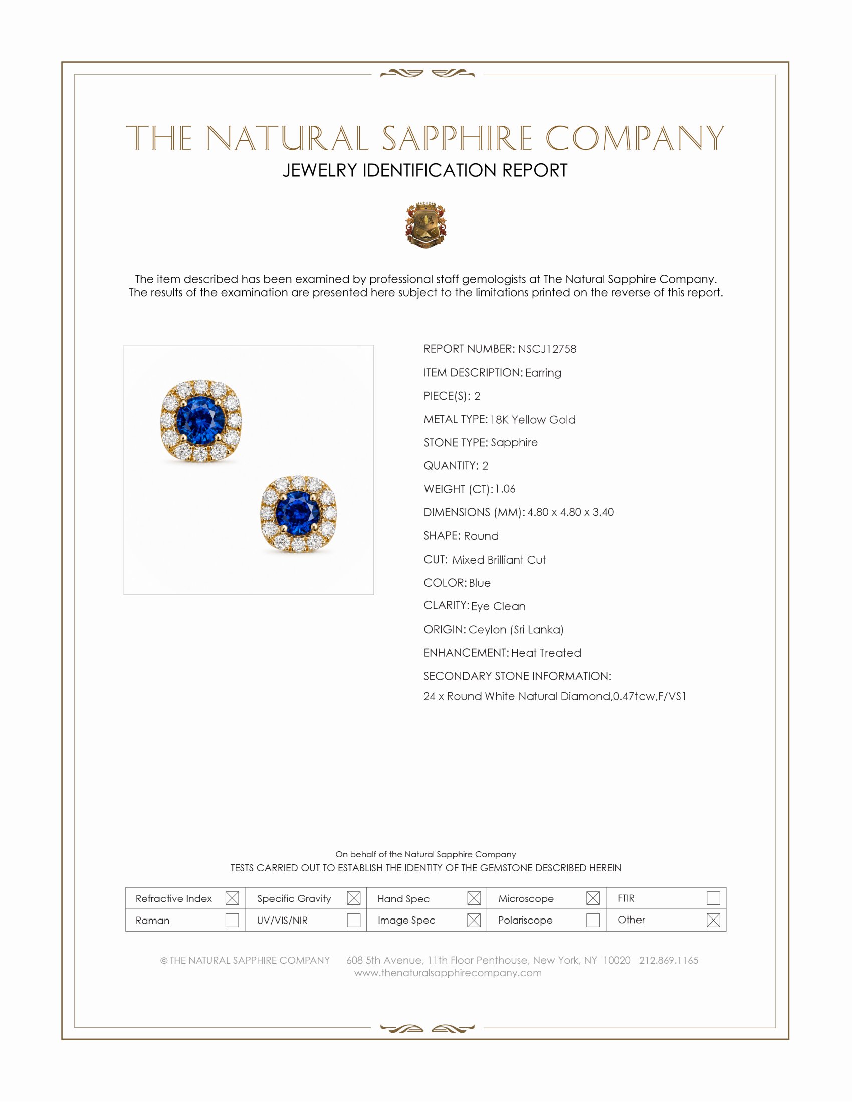 1.06 Ct.Tw. Blue Sapphire and Natural Diamond Studs Earrings, 18K Yellow Gold