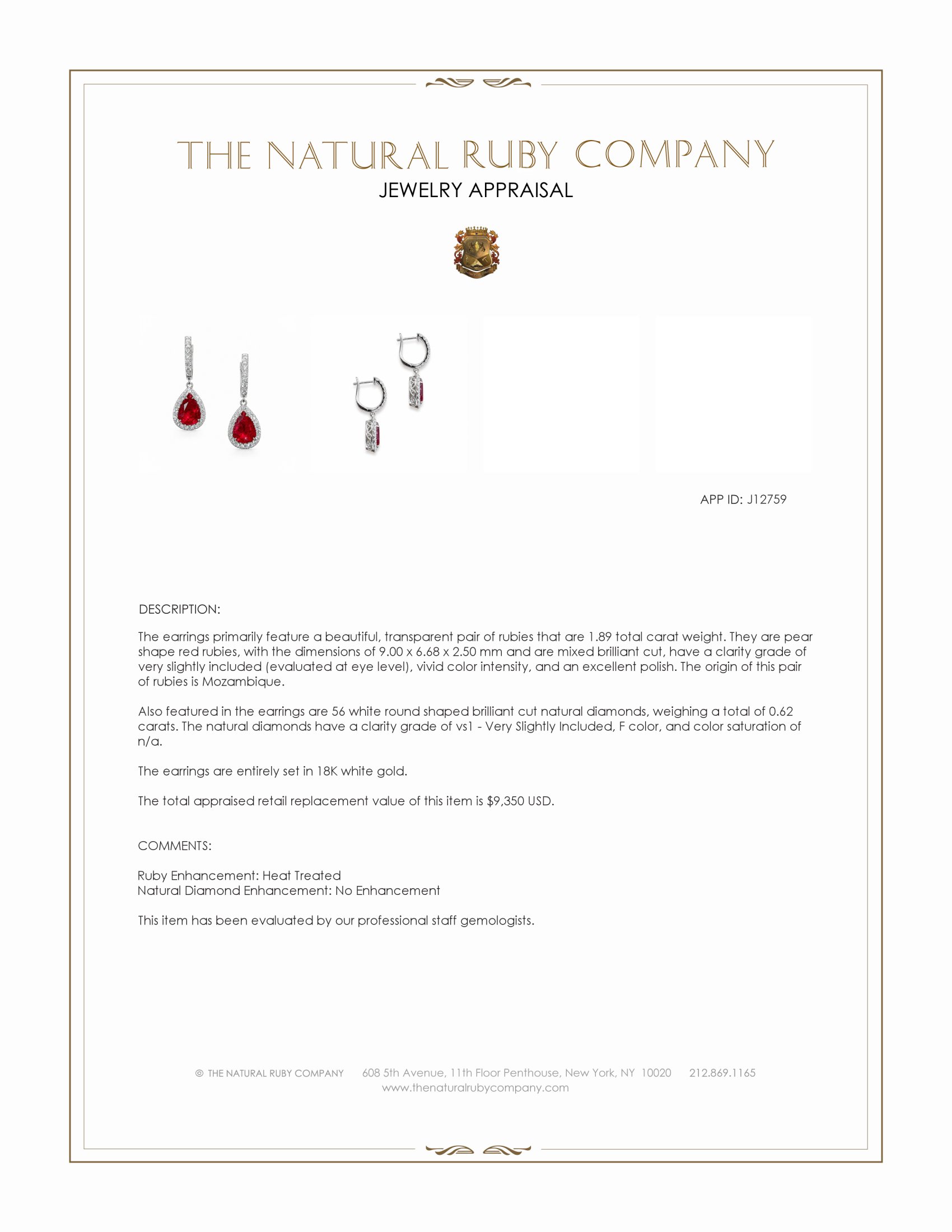 1.89 Ct.Tw. Ruby and Natural Diamond Drops Earrings, 18K White Gold