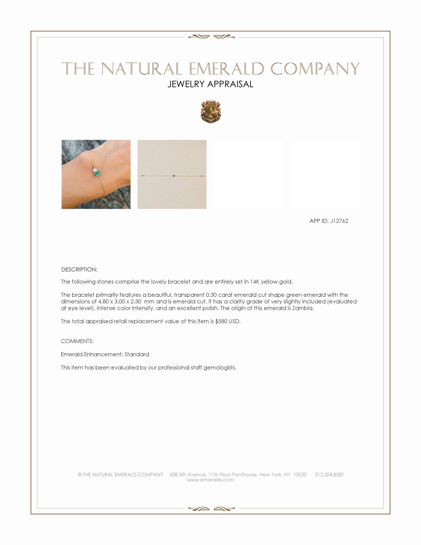 0.30 Ct.Tw. Emerald Accent Stones Bracelet, 14K Yellow Gold