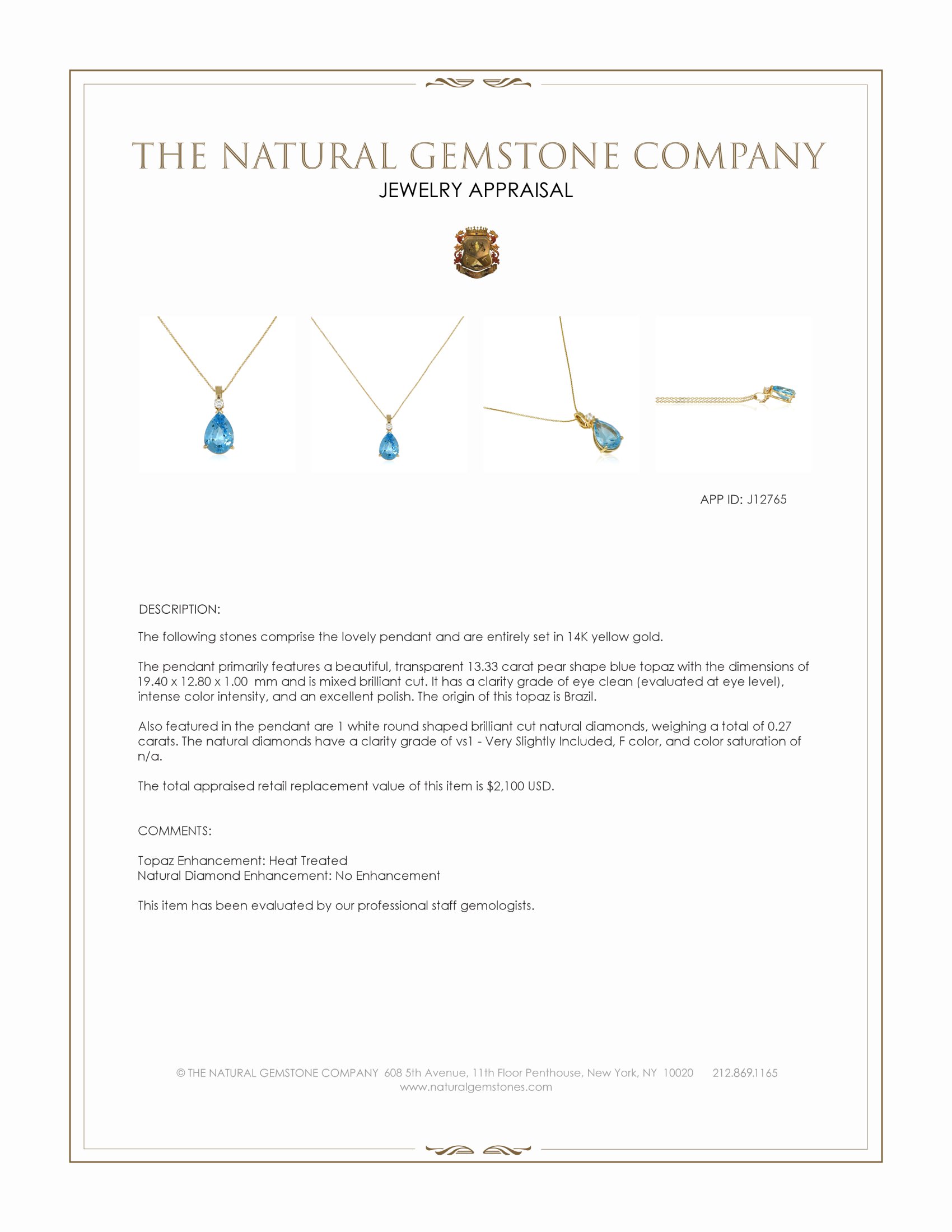 13.33 Ct. Blue Topaz and Natural Diamond Accent Stones Pendant, 14K Yellow Gold