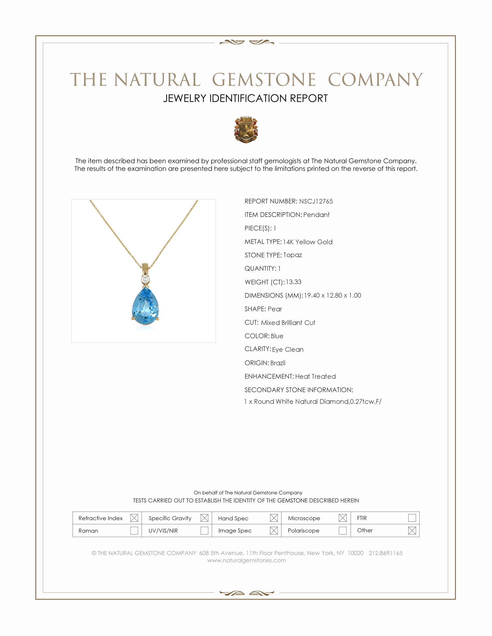 13.33 Ct. Blue Topaz and Natural Diamond Accent Stones Pendant, 14K Yellow Gold