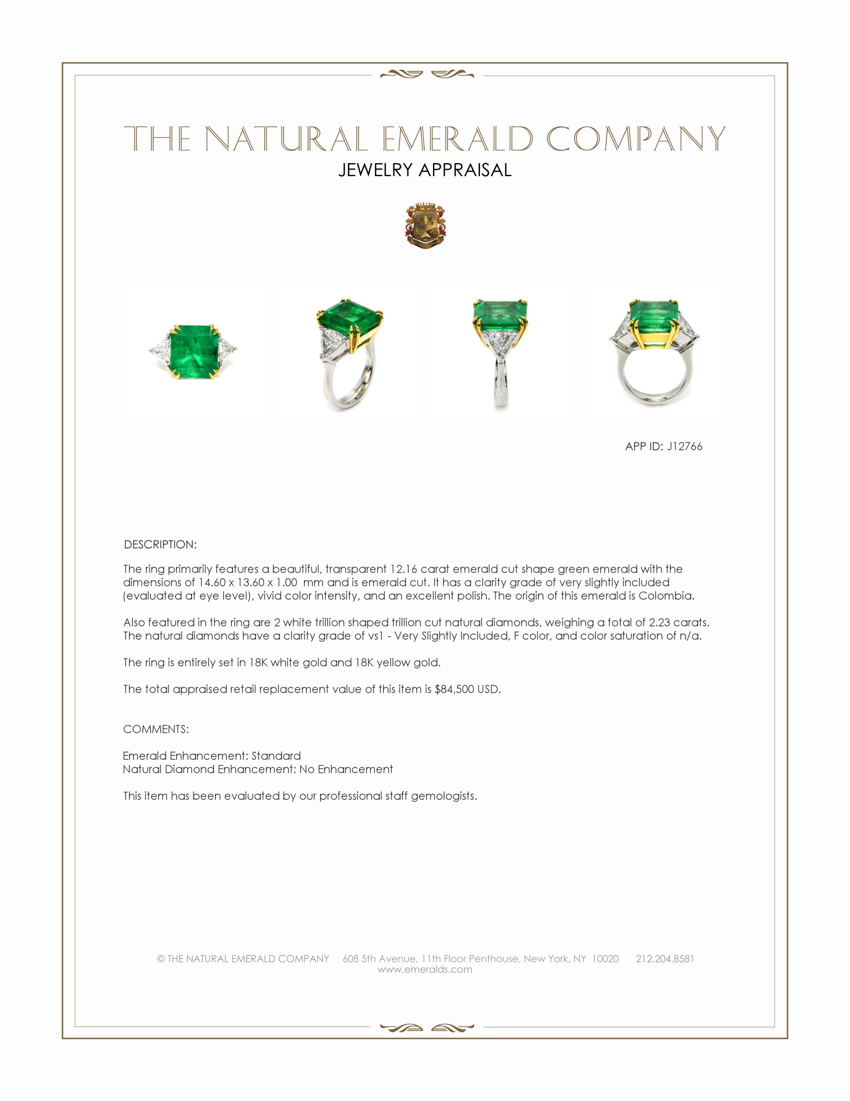 12.16 Ct. Emerald and Natural Diamond Three Stone Ring, 18K White & Yellow