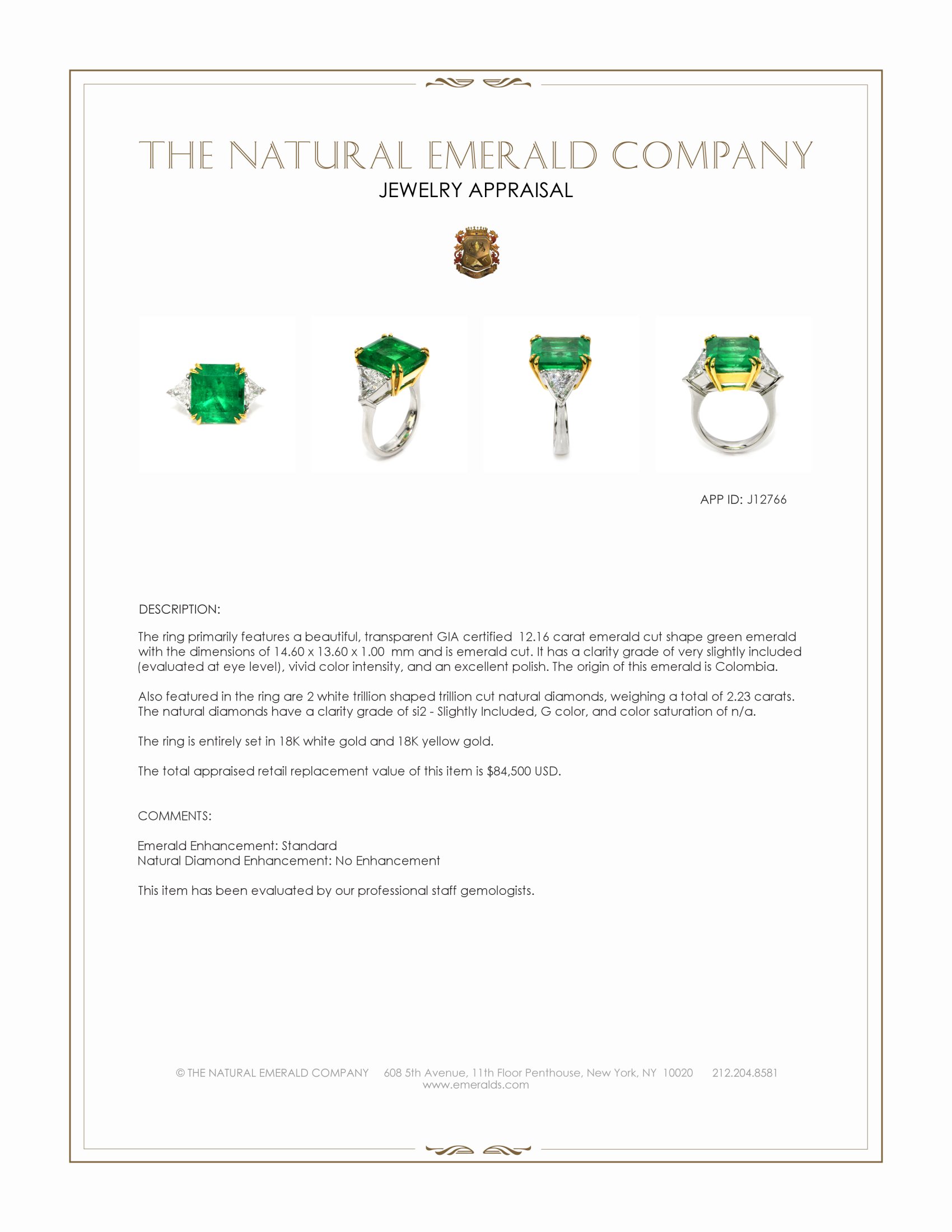 12.16 Ct. Emerald and Natural Diamond Three Stone Ring, 18K White & Yellow