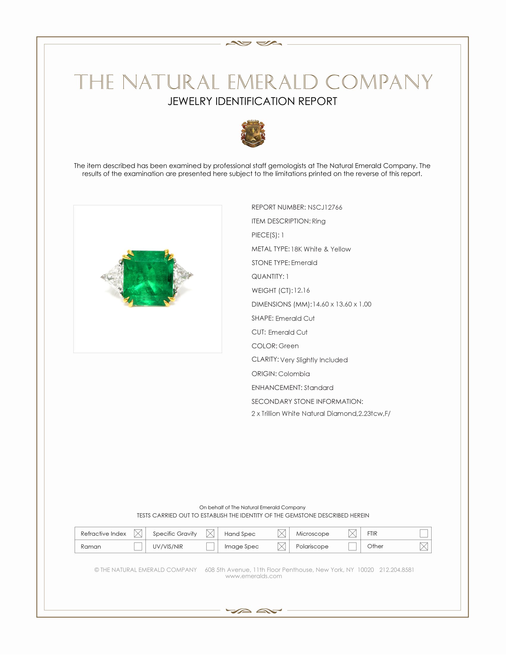 12.16 Ct. Emerald and Natural Diamond Three Stone Ring, 18K White & Yellow