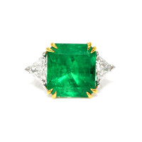 12.16 Ct. Emerald and Natural Diamond Three Stone Ring, 18K White & Yellow Video