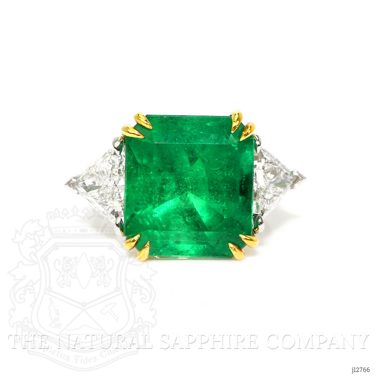 12.16 Ct. Emerald and Natural Diamond Three Stone Ring, 18K White & Yellow