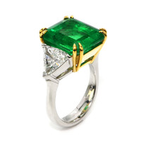 12.16 Ct. Emerald and Natural Diamond Three Stone Ring, 18K White & Yellow Image