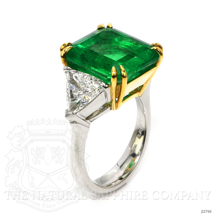 12.16 Ct. Emerald and Natural Diamond Three Stone Ring, 18K White & Yellow