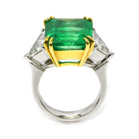 12.16 Ct. Emerald and Natural Diamond Three Stone Ring, 18K White & Yellow Image