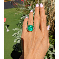12.16 Ct. Emerald and Natural Diamond Three Stone Ring, 18K White & Yellow Life Style