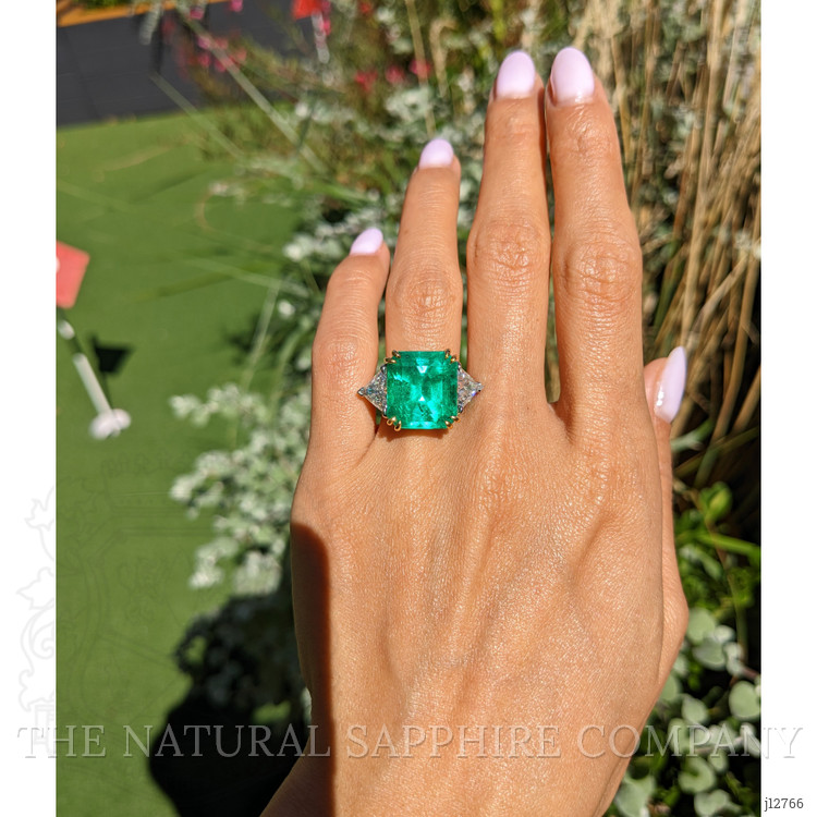 12.16 Ct. Emerald and Natural Diamond Three Stone Ring, 18K White & Yellow