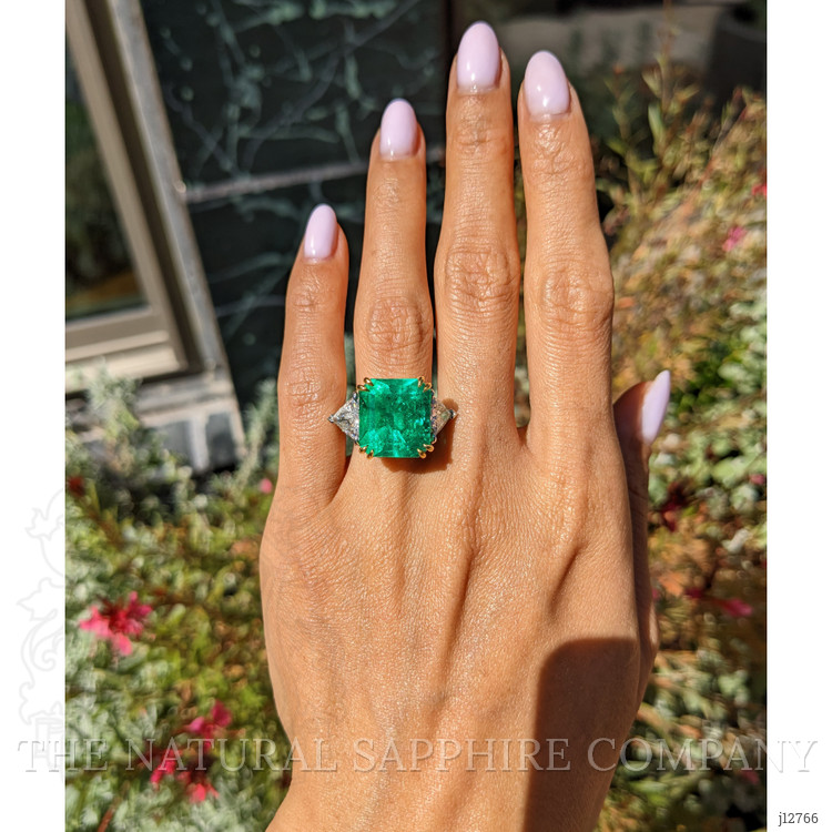 12.16 Ct. Emerald and Natural Diamond Three Stone Ring, 18K White & Yellow